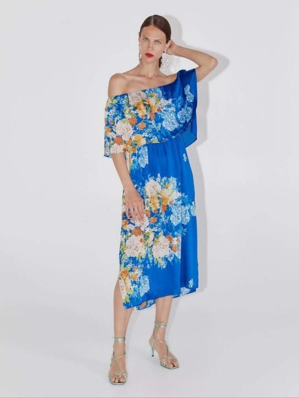 Zara Floral Off The Shoulded Ruffle Midi Dress Size  Medium Blue/Multi